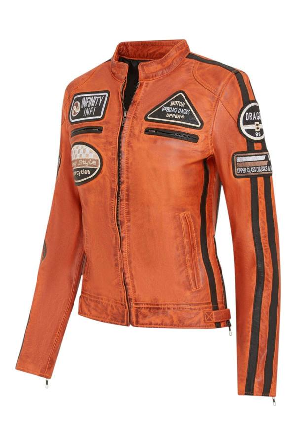 Infinity Leather Womens Leather Biker Racing Badges Jacket-Agadir