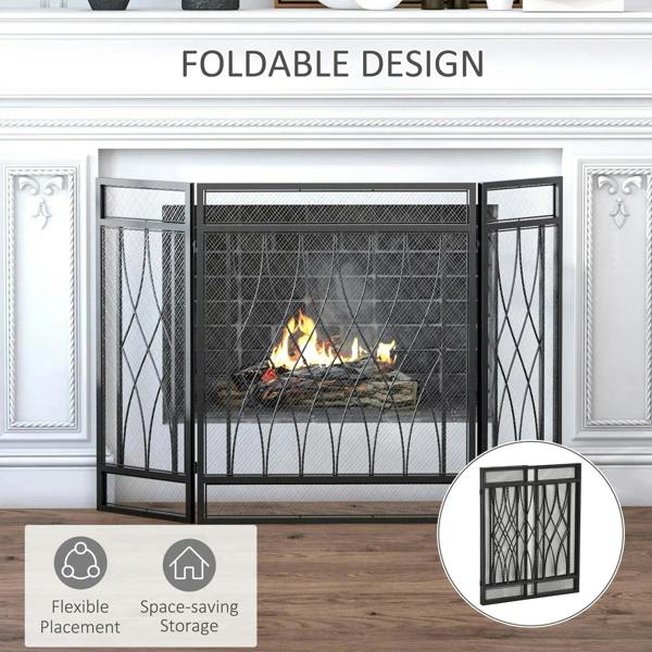 Black 3-panel folding fireplace screen with mesh panels, front view