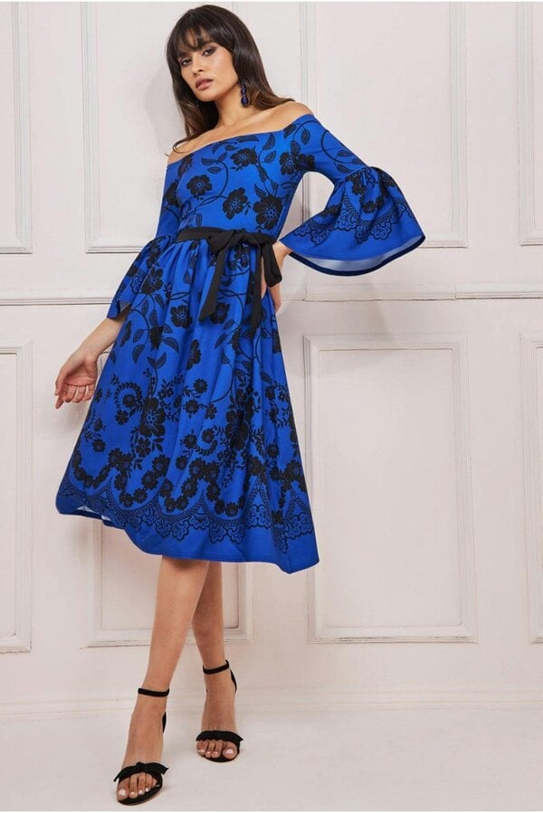 Goddiva Printed Off The Shoulder Midi Dress - Royalblue by Goddiva