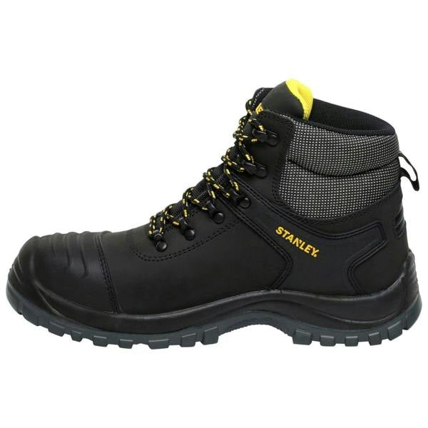 Stanley Richmond Mens Steel Toe/Midsole Safety Work Boots, black steel-toe work boots with padded ankle support and yellow accents, designed for durability and safety in industrial environments.