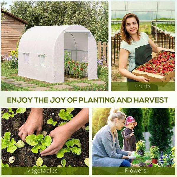 White walk-in greenhouse tent with mesh side panels and front door