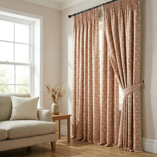 Izmir made-to-measure curtains in Terracotta, styled in a living room