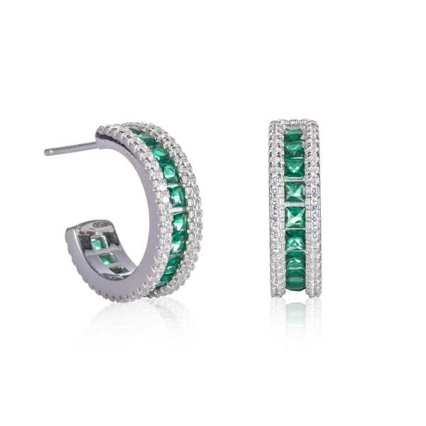 namana 925 Sterling Silver Half Hoop Earrings with Green and White Cubic Zirconia Stones