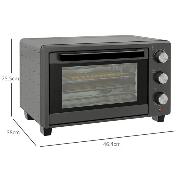 Grey mini countertop oven with front glass door and right-side temperature and mode dials