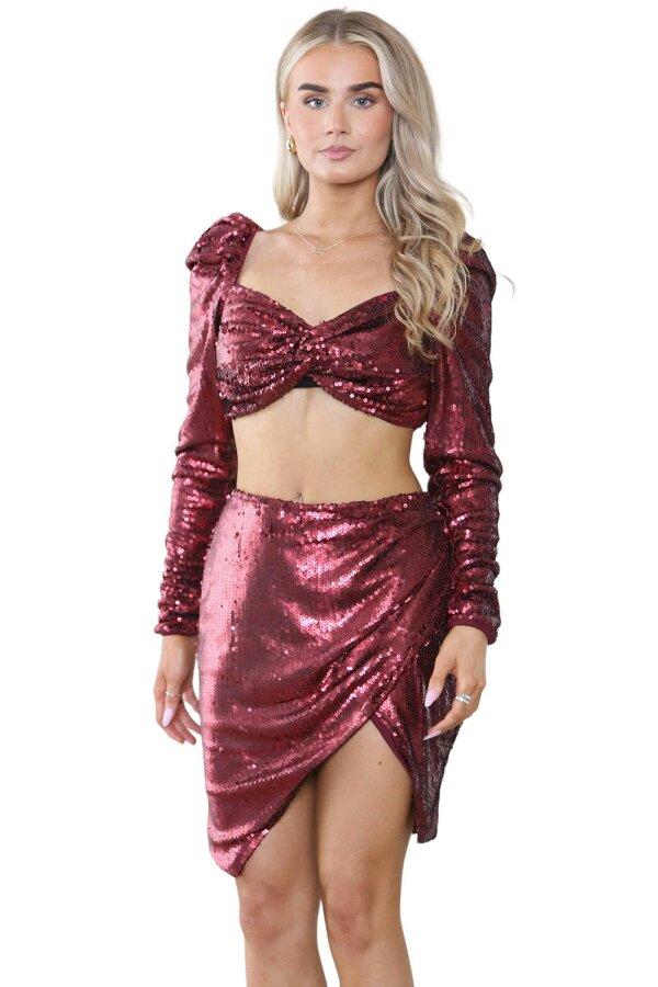 Elaina Fashion Women Burgundy Red Sequin Sparkle Co-ord 