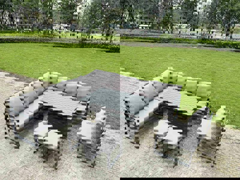 Fimous 9 Seater Aluminium Garden Furniture Set with Adjustable Rising Dining Table, 2 Footstools - Dark Grey