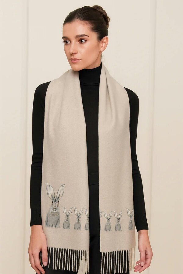 Art on Scarves Cashmere Feel Luxury Scarf Handprinted with Hares