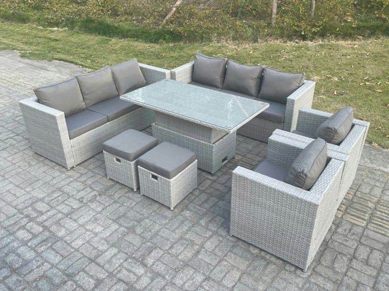 Fimous Rattan Garden Funiture Set Adjustable Rising Lifting Table Sofa Dining Set Lounge Sofa 2 Arm Chair Stool