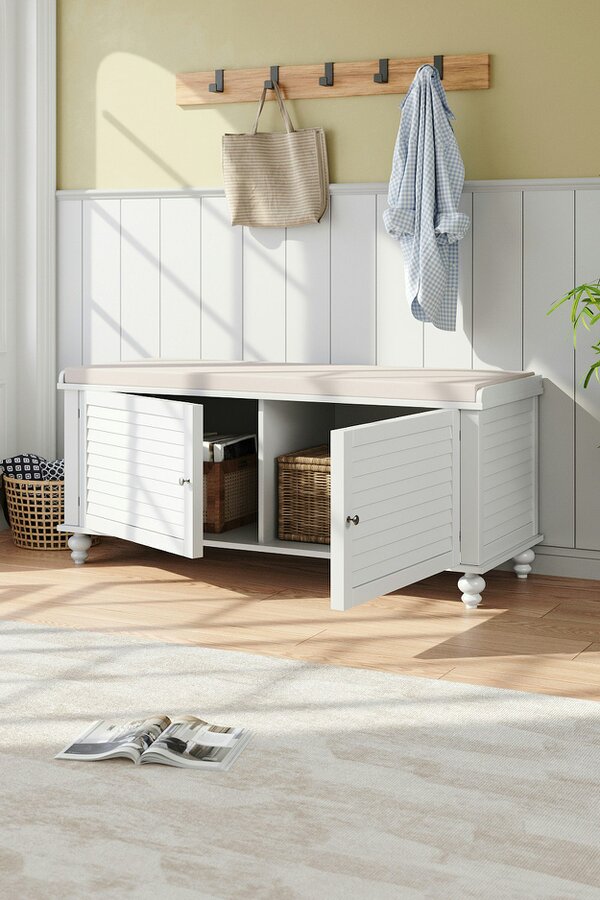 Living and Home White Shoe Cabinet Storage Bench with Linen Cushion