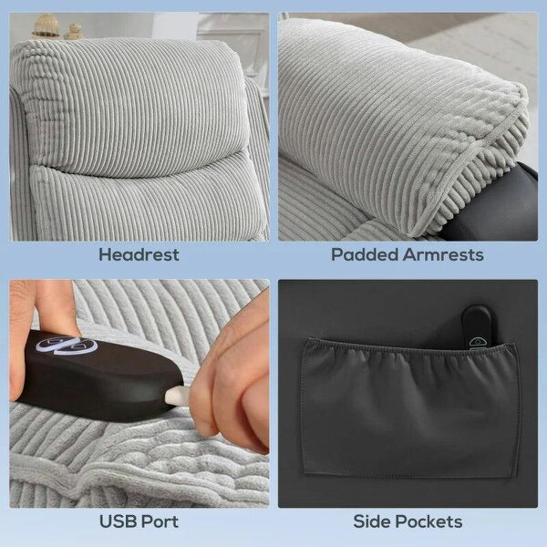 Power Lift Chair for Elderly, Corduroy Recliner with Wide Seat, High Back, USB Port, Side Pockets, Light Grey