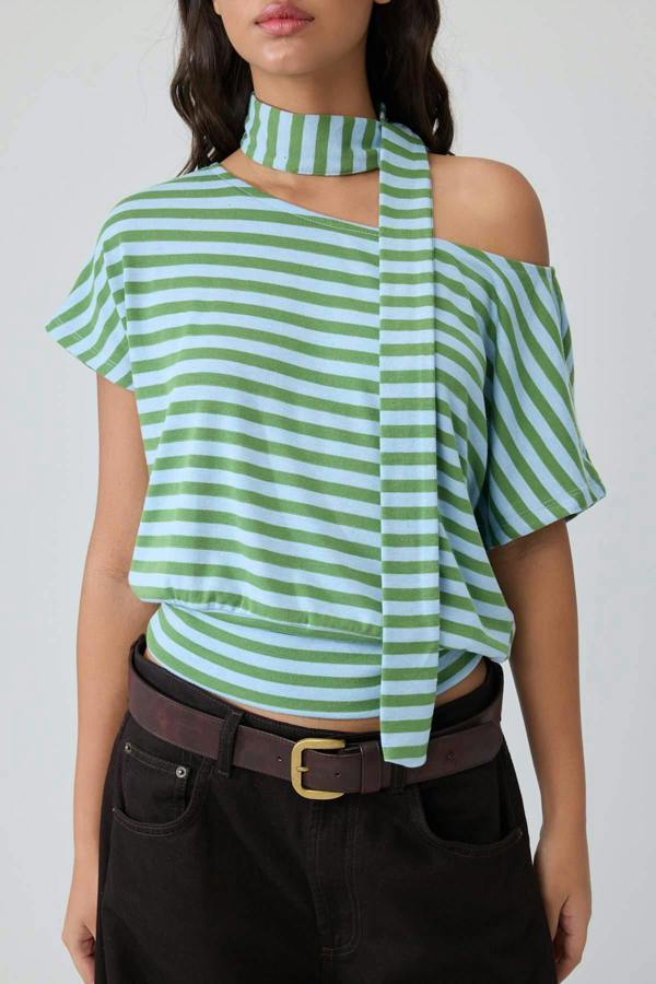 WOVCOR Batwing Sleeve Boat Neck Belted Knit Blouse