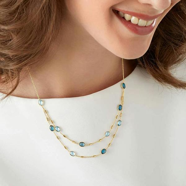 Pia 9ct Gold Blue Topaz Necklace, Double Front Layered Cabochon