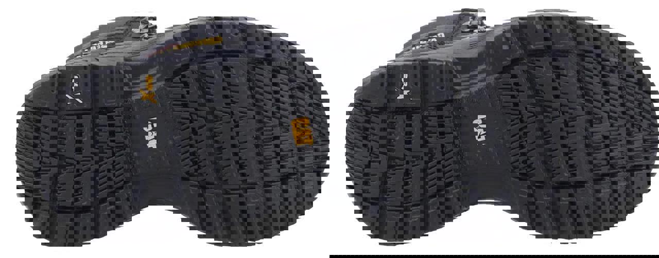 Caterpillar Spiro Mens Steel Toe/Midsole S3 Work Safety Boots, close-up of the durable black rubber sole with tread pattern and Caterpillar logo.