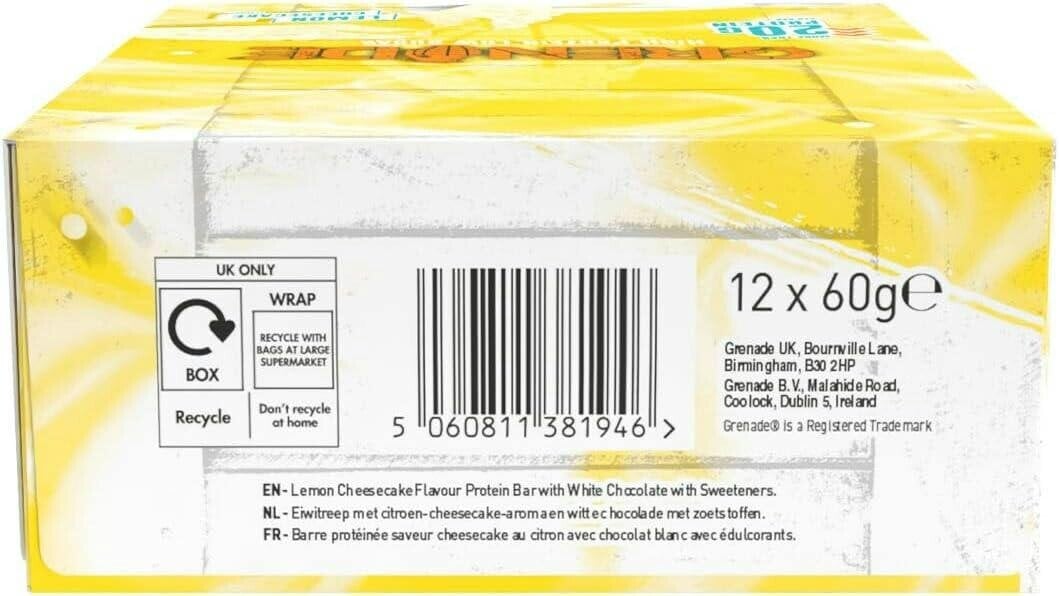 Grenade High Protein, Low Sugar Bar - Lemon Cheesecake, 12 x 60 g