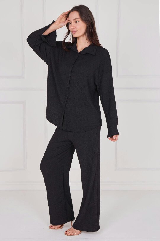 Elaina Fashion Textured Shirt & Wide-Leg Trouser Co-Ord Set