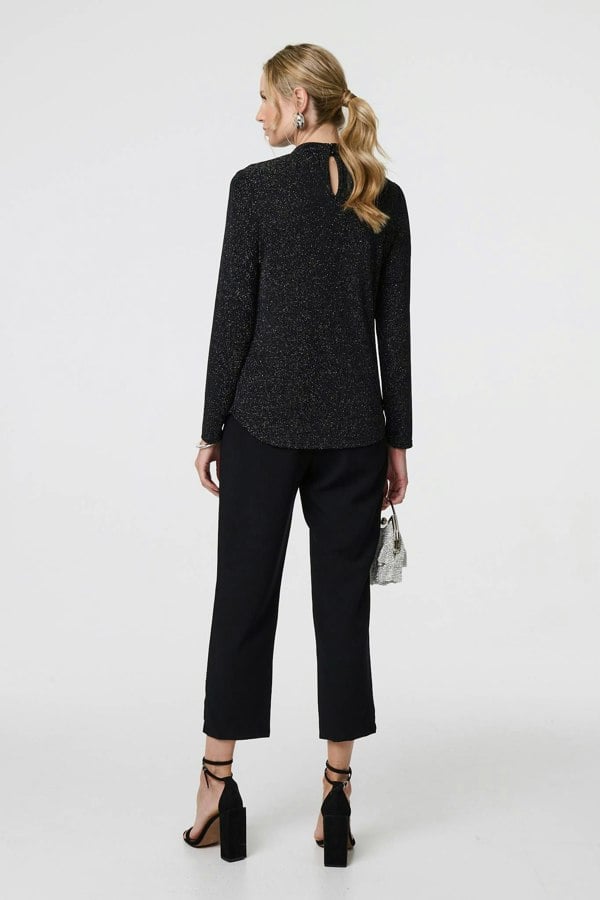 Black | Sparkle Knit Long Sleeve High Neck Top
