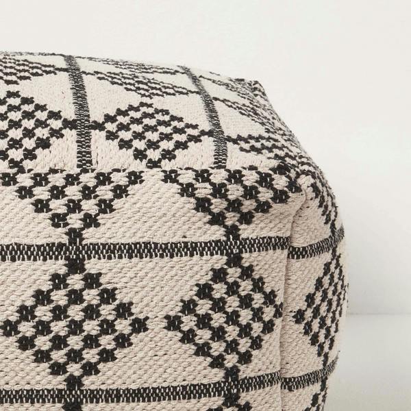 HOMESCAPES Adana Handwoven Textured Natural & Black Pouffe Bean Cube