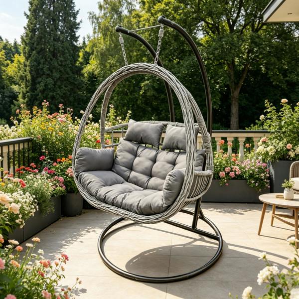 Fimous Rattan Hammock Garden 2 Person Hanging Egg Chair Indoor Outdoor Patio Furniture with Grey Cushion