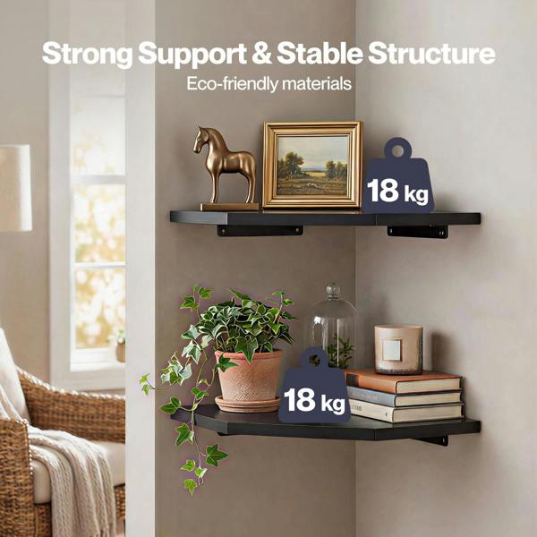 Levede 2 Pack Floating Corner Shelves Cable Cut-Out Wall Mounted Storage Black