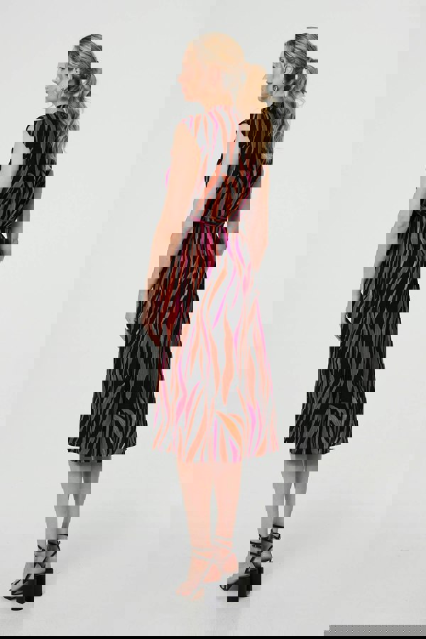 Black | Striped Cap Sleeve Belted Midi Dress
