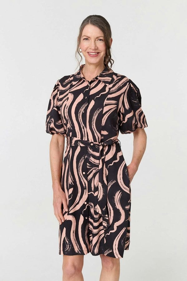 Pink | Brushstroke Print Short Shirt Dress : Model is 5'8"/172 cm and wears UK10/EU38/US6/AUS10