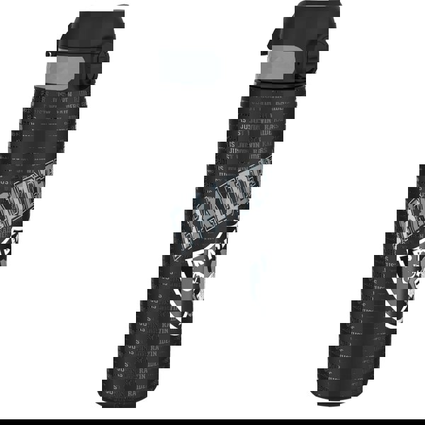 A black water bottle, featuring a repeating “RAIDERS JUST WIN” pattern and Raiders logo, stands on a white background.