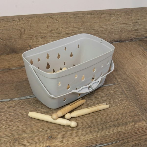 JVL Plastic Peg Basket, Grey with 48 Wooden Dolly Pegs, Brown