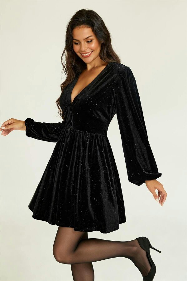 FS Collection Sparkly Star Night Velvet Long Sleeve Mini Dress In Black