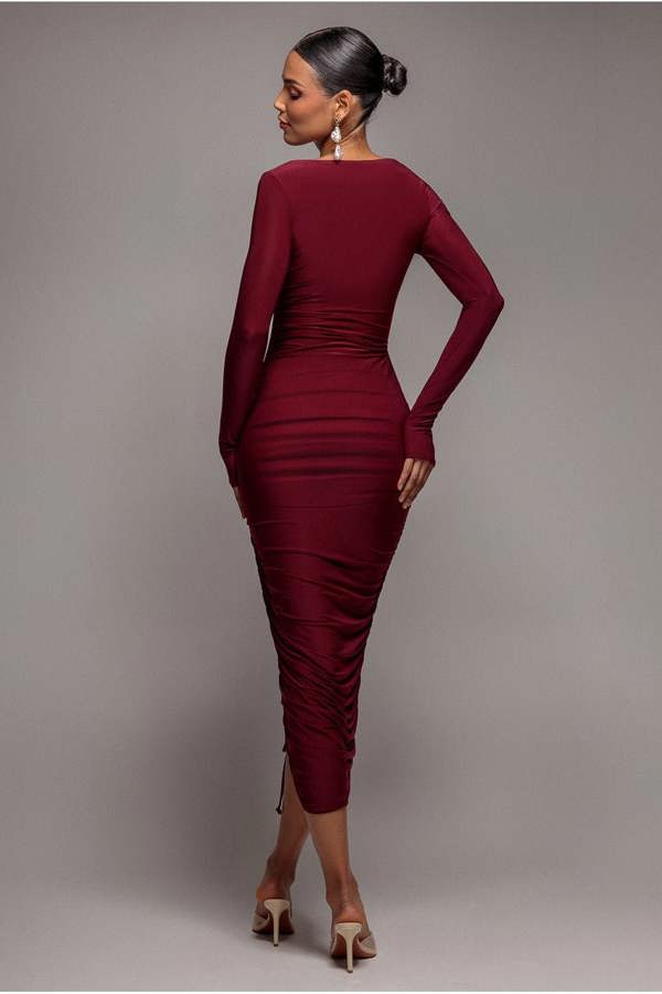 Asymmetrical Neck Ruched Midi Dress - Wine DR3541