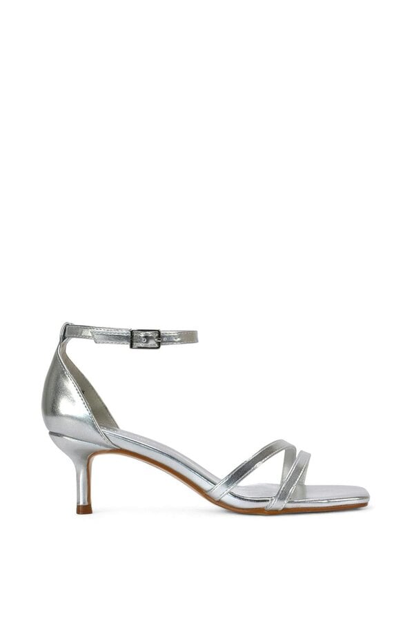 XY LONDON Open Toe Strappy Low Kitten Heel Sandal Shoes - Silver
