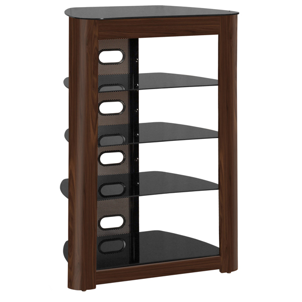 Centurion Supports Zinnia 5-Shelf Black Glass with Walnut Fascia Flat Screen TV/Hi-Fi/AV Rack Glass Stand