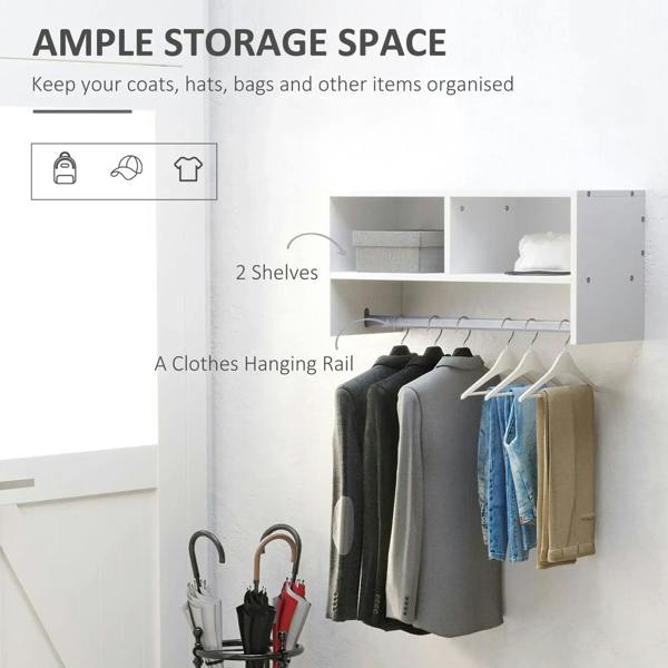 White wall-mounted coat storage rack with 2 shelves and clothes hanging rail