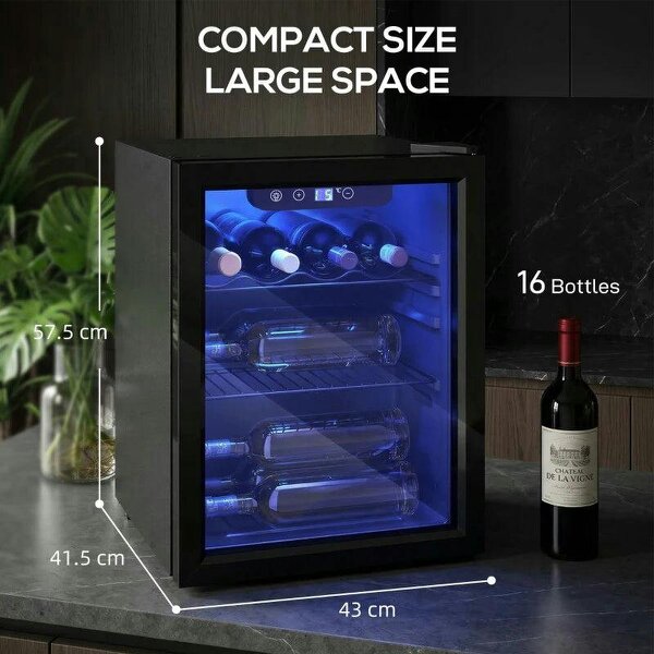 16 Bottle Wine Cooler, 48 Litre Capacity, 4-16°C Tabletop Counter Drinks Wine Fridge with Glass Door, LED Light, Black