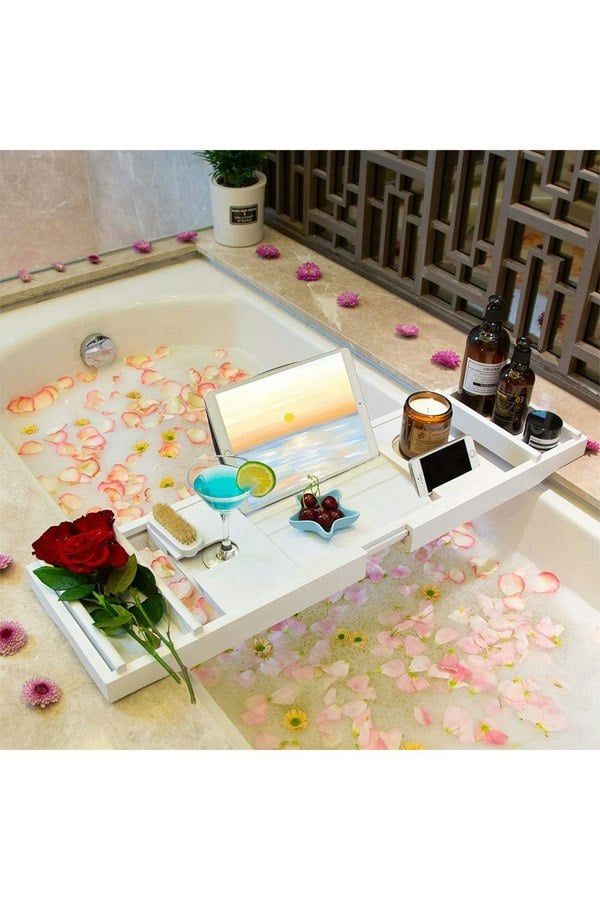 Living and Home Multifunction Expandable Bamboo Wooden Bathtub Caddy Tray Bathroom Storage Rack