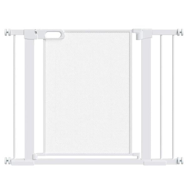 White pet safety gate with mesh panel and side locking posts, doorway/stair barrier