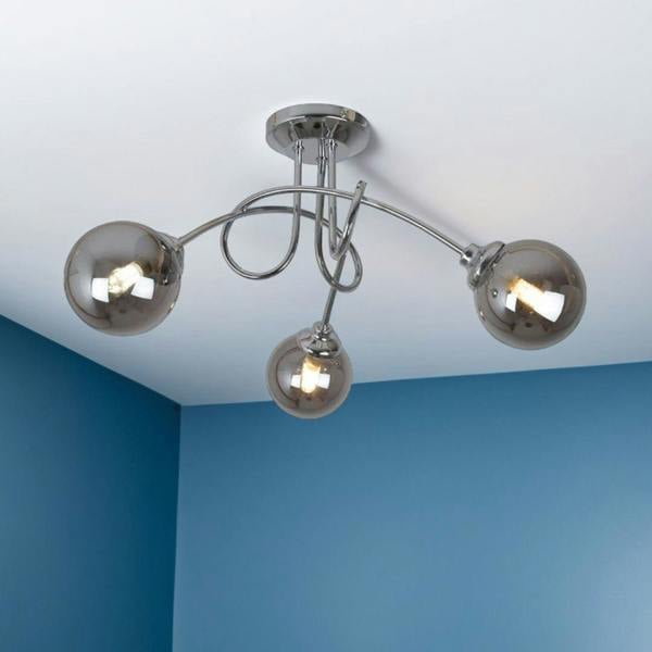 Pagazzi Lighting Bungo 3 Light Polished Chrome & Smoked Glass Semi Flush Ceiling Light