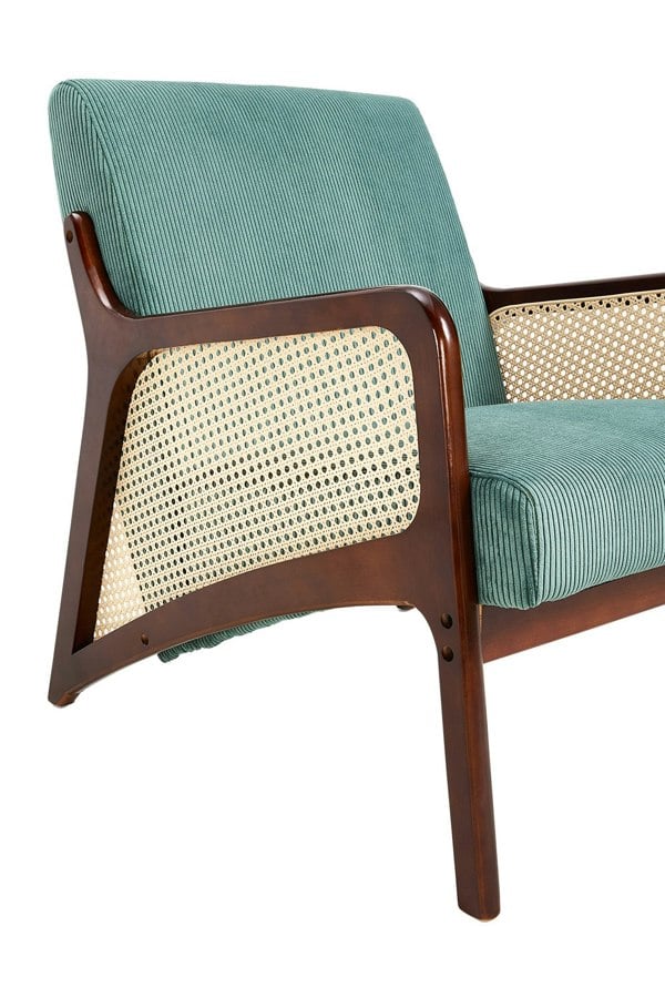 Living and Home Green Corduroy Armchair with Rattan Armrest