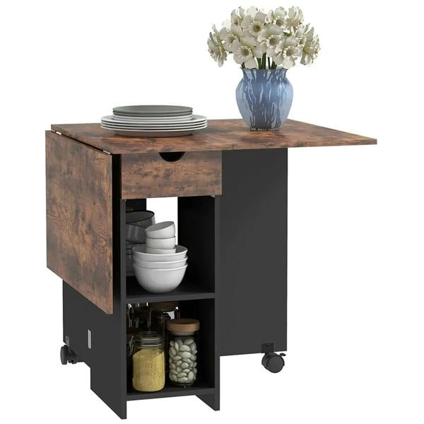Rustic brown folding dining table with drop-leaf top, drawer, open storage shelf, and wheels.