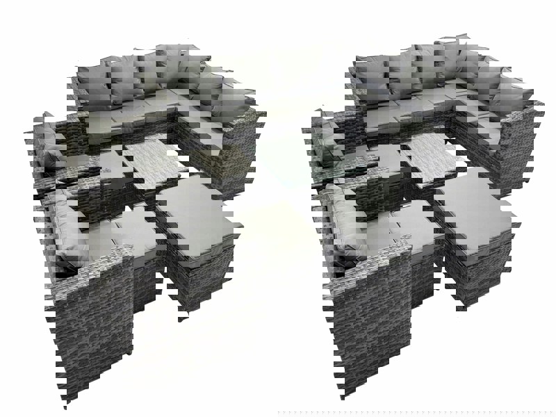 Fimous Outdoor PE Rattan Garden Furniture Sofa Set with Square Coffee Table 3 Stools 2 Chair Dark Grey