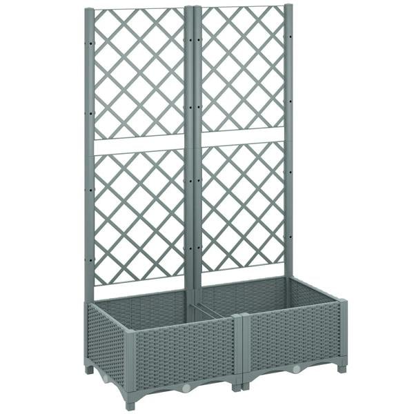 Grey raised garden bed planter with trellis and two divided planting boxes