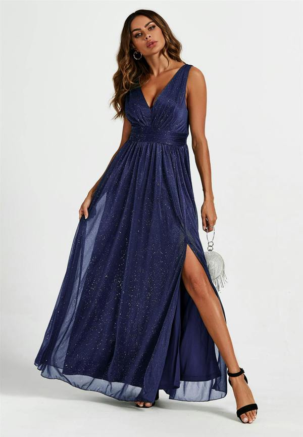 FS Collection Sparkly V Neck Bridesmaid Maxi Dress In Navy