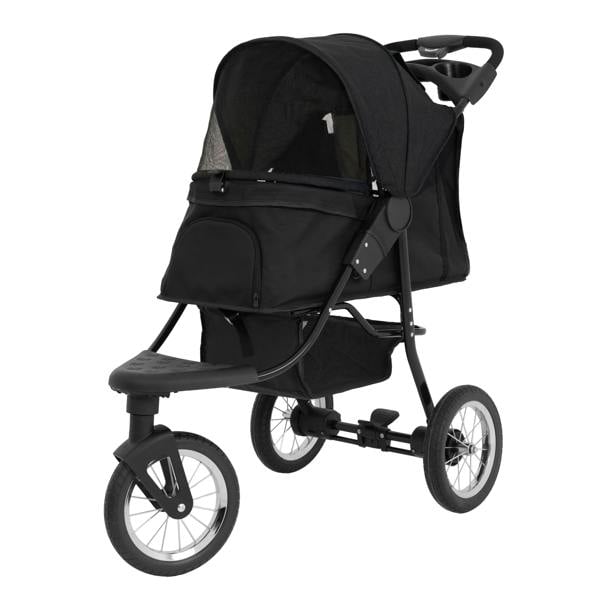 Black pet jogger with a spacious canopy, sturdy frame, and large wheels, designed for comfortable outdoor walks with pets