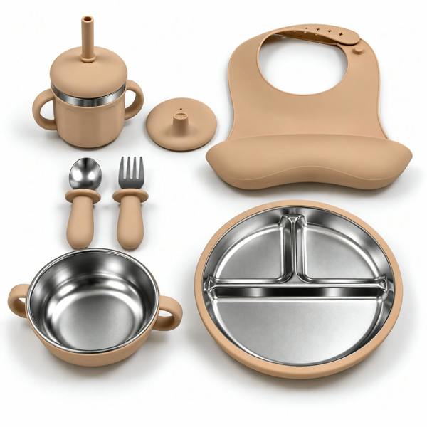 Maison des Cadeaux Baby Feeding & Weaning Set with Stainless Steel Plate, Bowl, Bib, Cup & Cutlery