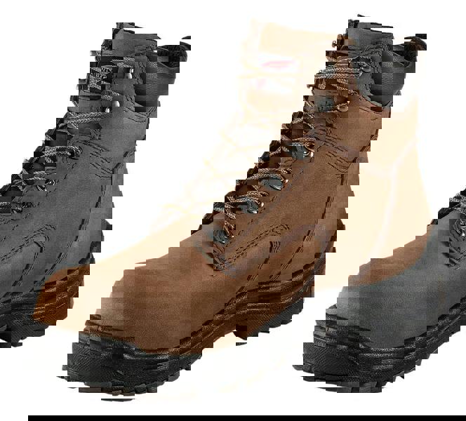 Red Wing Shoes Red Wing King Toe 3043 Mens 6" Vibram Waterproof S7L Safety Ankle Boots, rugged brown leather work boots with black sole, ankle-high design with metal eyelets and tan laces for durable outdoor safety footwear.