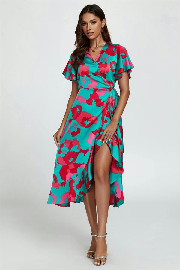 FS Collection Leopard Print Angel Sleeve Wrap Midi Blue Pink