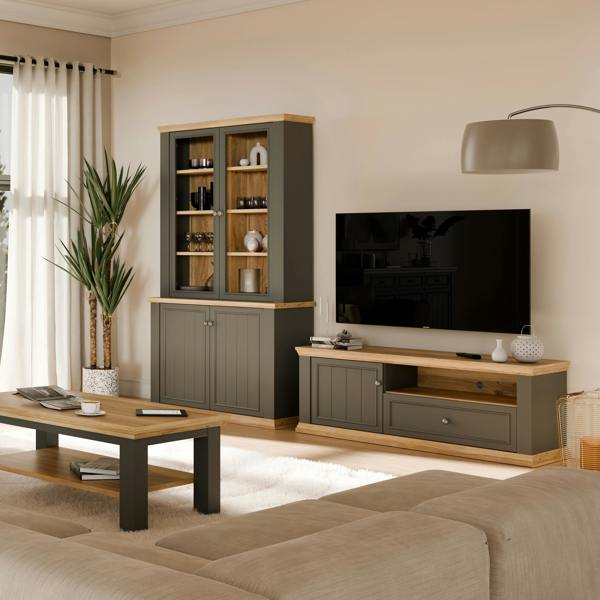 Furniture To Go Pontypool TV Unit with Drawer & Open Shelf in Grey and Mauvella Oak