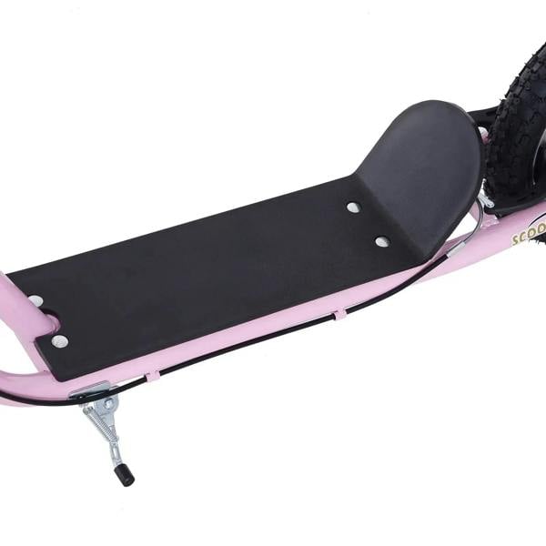 Pink kids stunt scooter with black foot deck and rear wheel, close-up angle