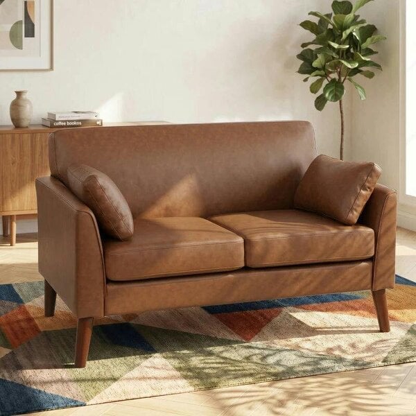 2 Seater Sofa, 132 cm Modern Small Sofa with Solid Wood Legs and 2 Pillows for Small Space, Brown - Brown