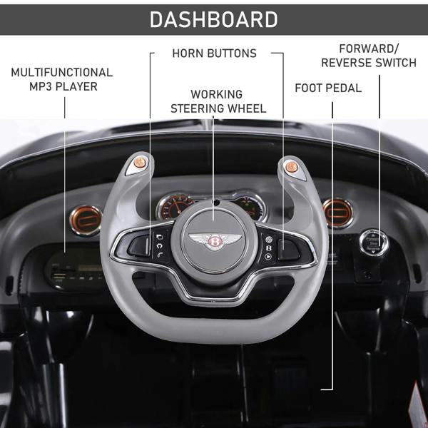 Ride-on car dashboard close-up with steering wheel and horn buttons