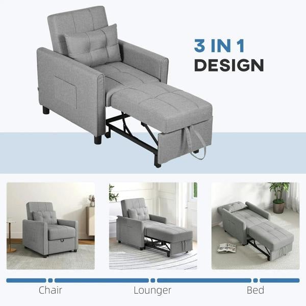 Light grey single chair bed with three-position back and fold-out bed base